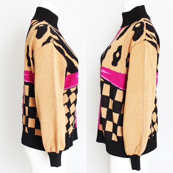 St John Sweater Pullover Turtle Neck Animal Geometric Ribbon Long Sleeve - Picture 4 of 6